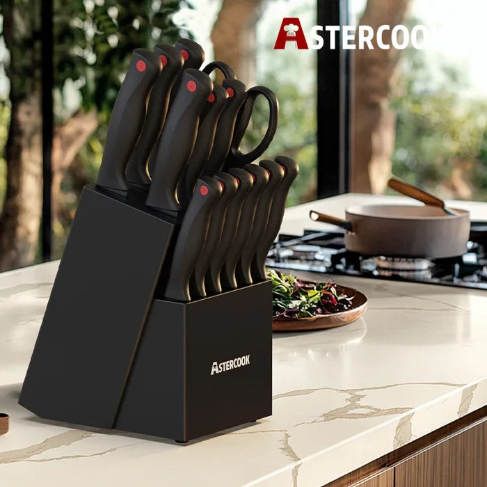 Astercook™ 15-Piece Precision Knife Set – German Stainless Steel with Built-In Sharpener & Block