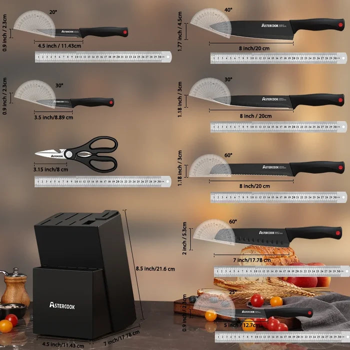 Astercook™ 15-Piece Precision Knife Set – German Stainless Steel with Built-In Sharpener & Block