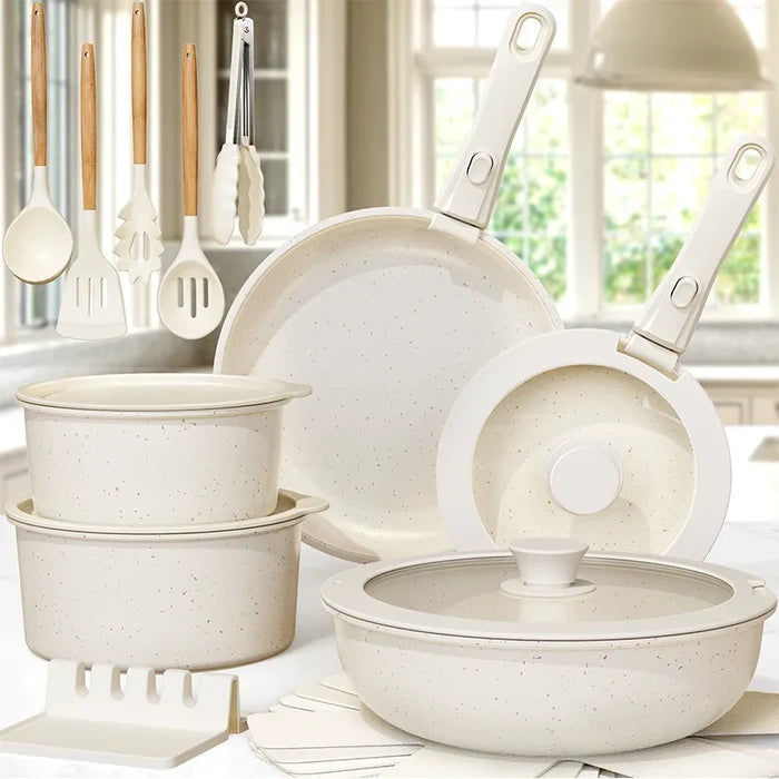 Astercook™ 21-Piece Milky White Ceramic Cookware Set – Non-Stick Pots & Pans with Sensor Handles