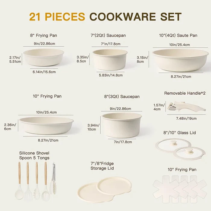 Astercook™ 21-Piece Milky White Ceramic Cookware Set – Non-Stick Pots & Pans with Sensor Handles