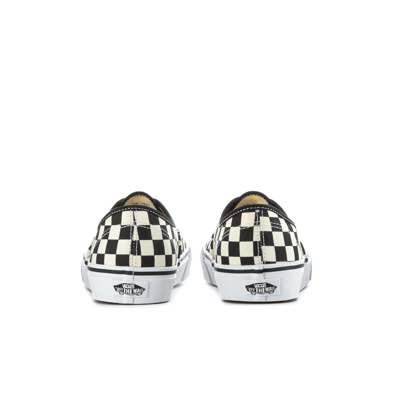 Mens checkerboard low-top sneakers, back view with heel tabs and Vans labels
