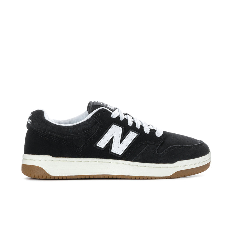 Men’s black lace-up New Balance 480 sneaker with white N logo and gum sole