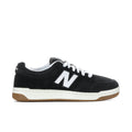 Men’s black lace-up New Balance 480 sneaker with white N logo and gum sole