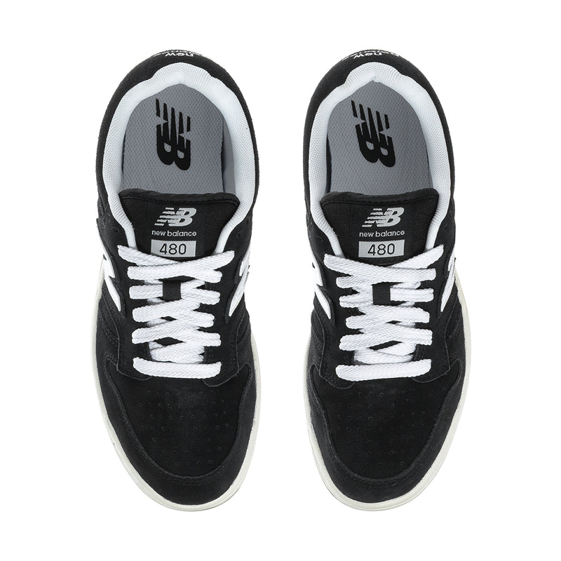 Men’s black New Balance 480 sneakers viewed from toe with lace-up detail and branding