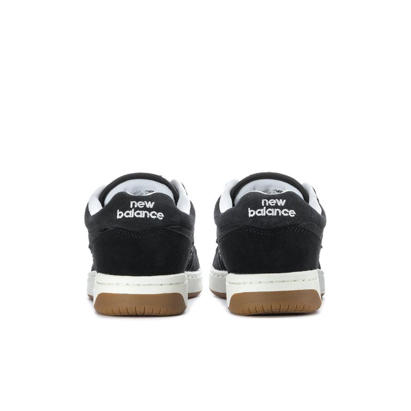 Men’s black New Balance 480 sneakers from heel with rear branding and gum outsole