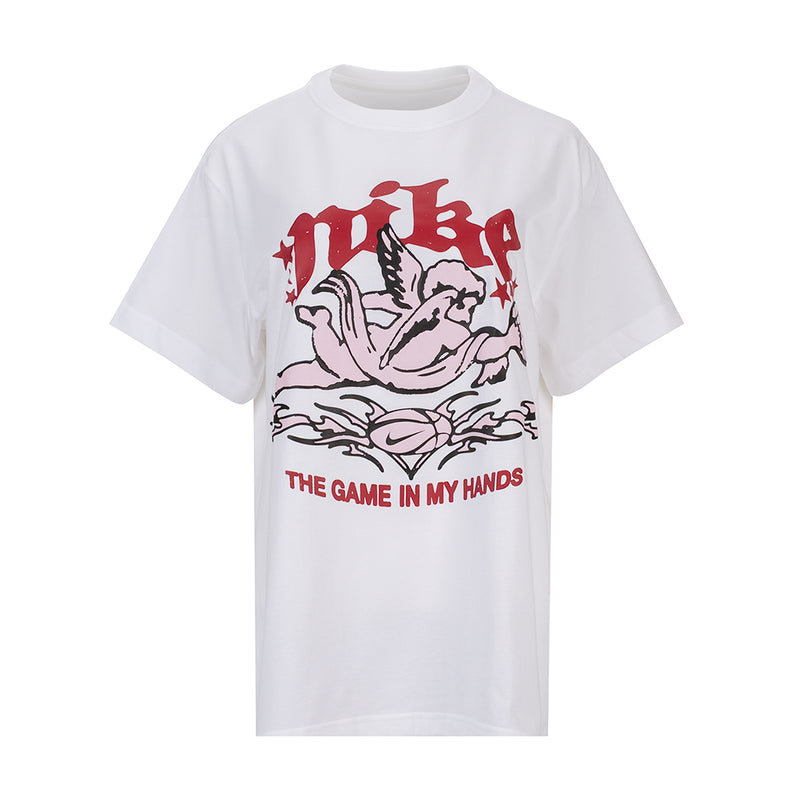 White women’s crew neck T-shirt with red and black sports graphic on front.