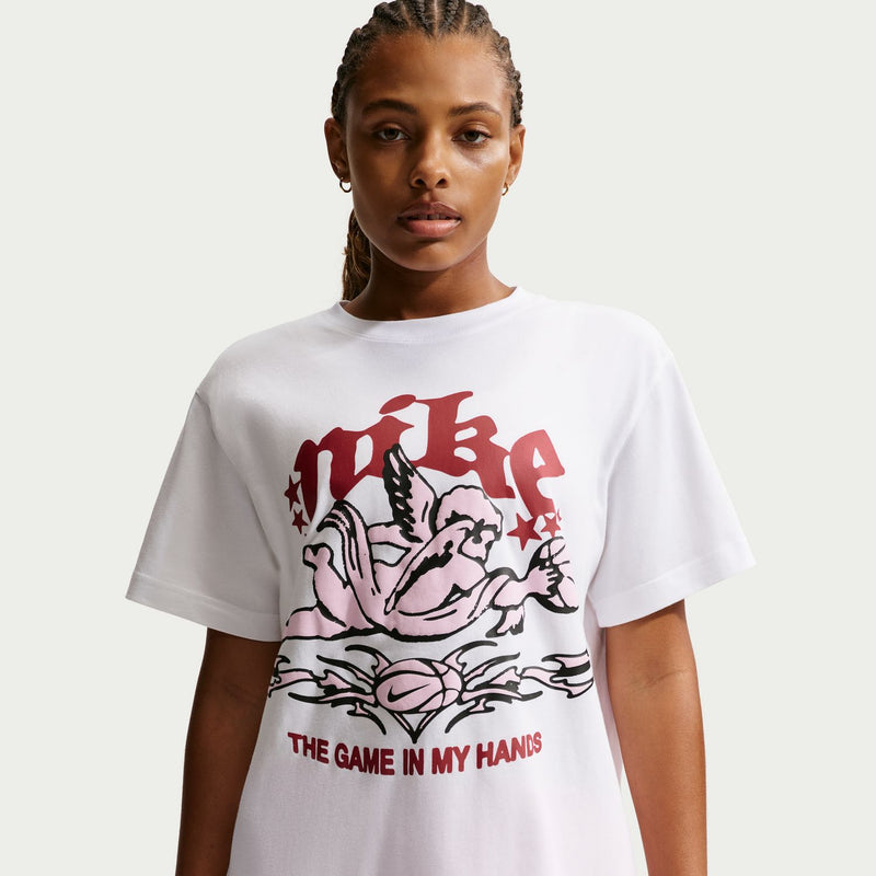 White women’s crew neck T-shirt with large front graphic and slogan text.