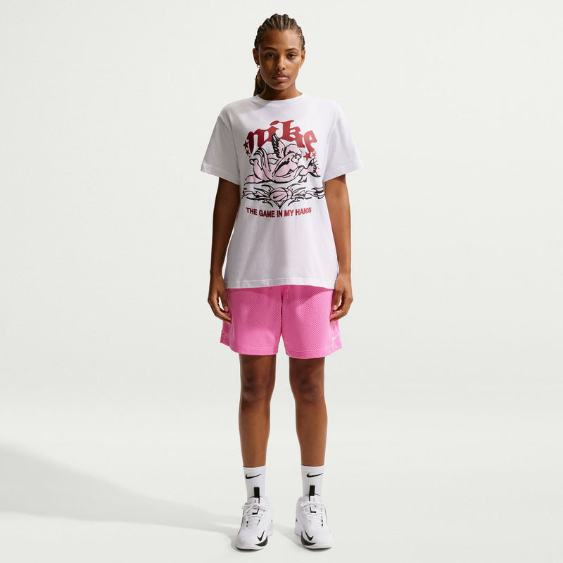 White women’s crew neck T-shirt with front graphic, relaxed straight hem.