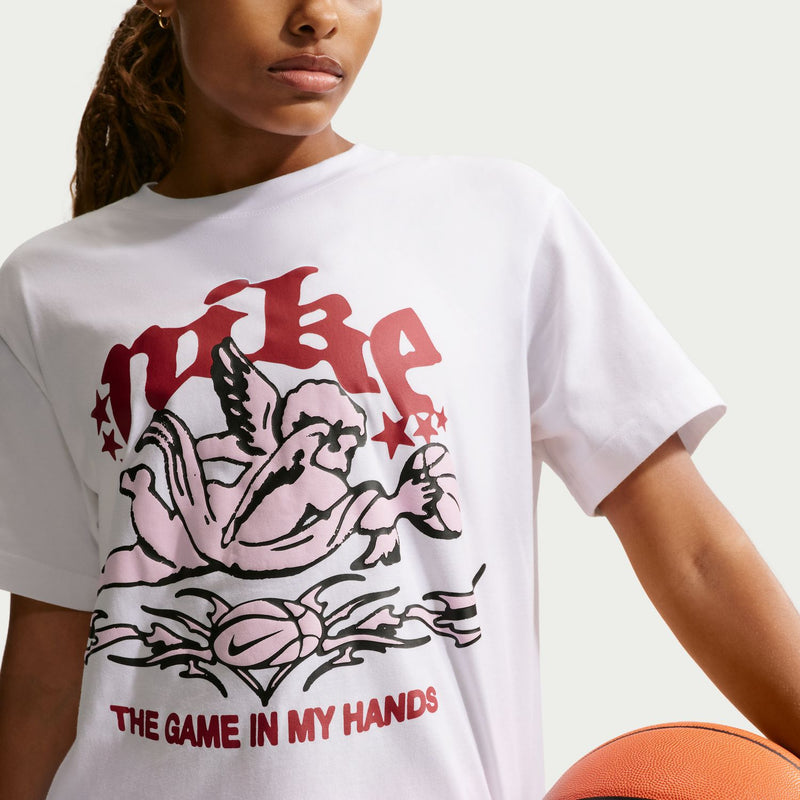 White crew neck T-shirt with large red-and-black illustrated graphic on chest.