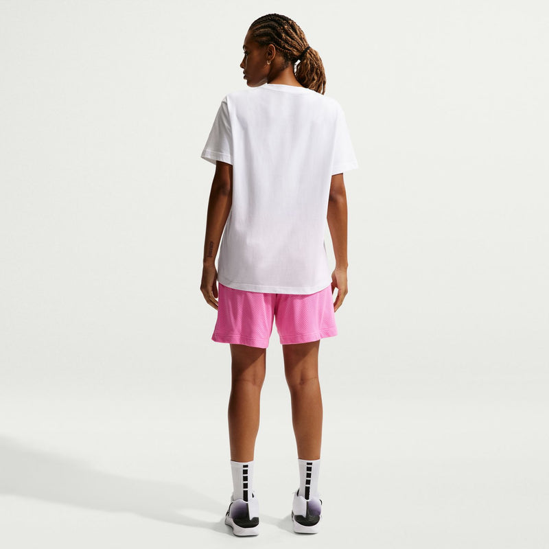 White crew neck T-shirt, back view; short sleeves and straight hem.