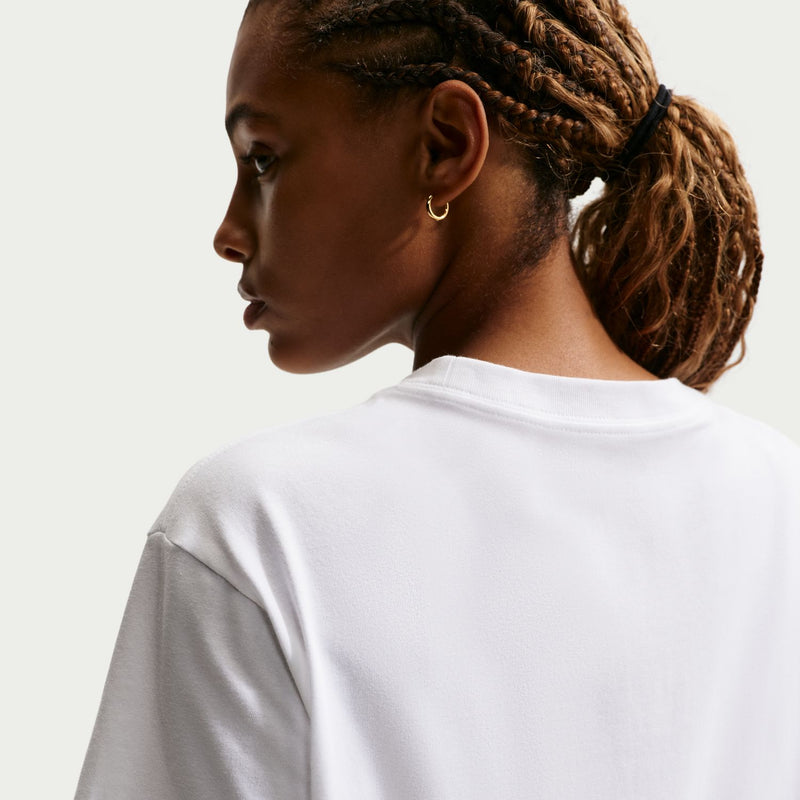White crew neck T-shirt back view with plain fabric and crew neckline.