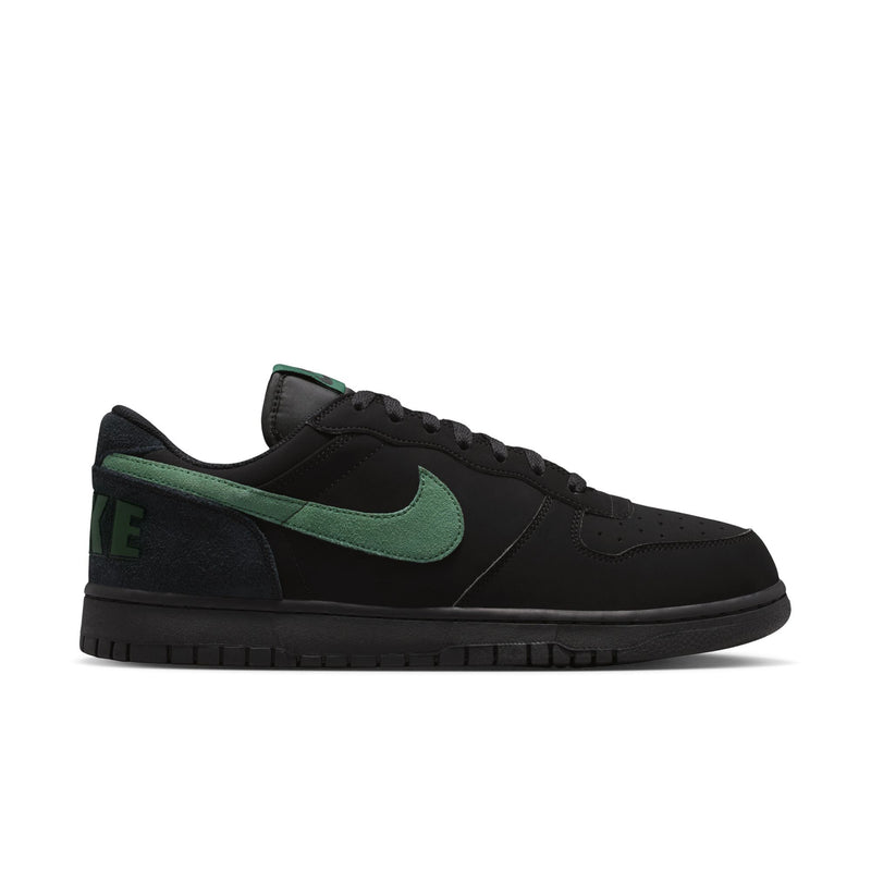 Black low-top Nike sneaker with green Swoosh and black rubber sole.