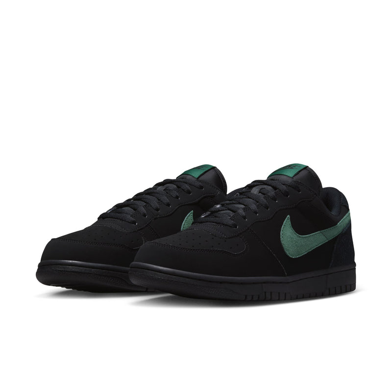 Black low-top Nike sneakers with green Swooshes and lace-up design.