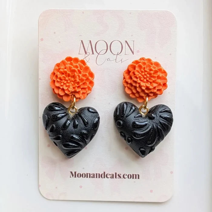 Black Talavera Heart w/ Cempasuchil Clay Earrings