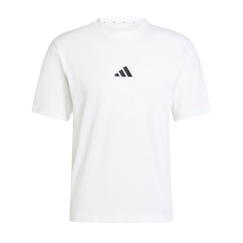 Men's white t-shirt with small black BOS logo on left chest