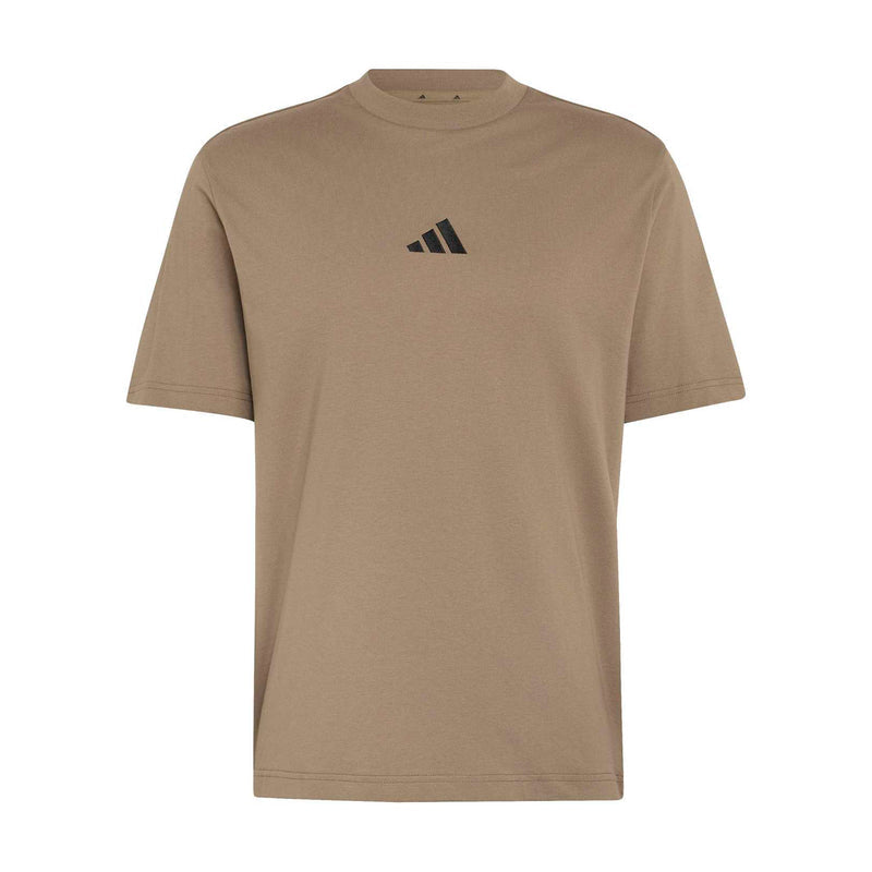 Khaki men's short-sleeve T-shirt with small black adidas logo on chest