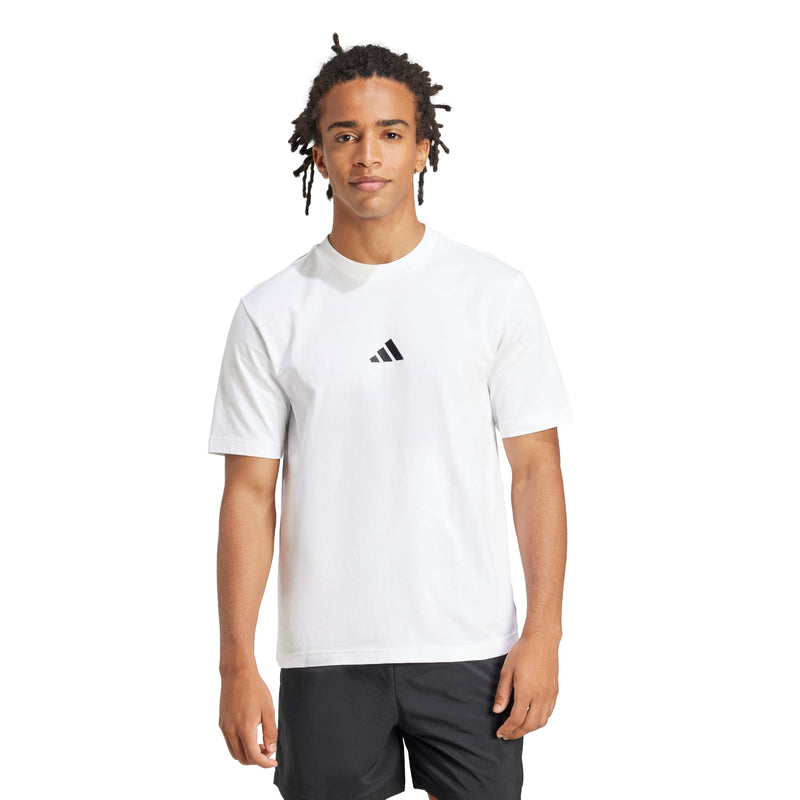 Men's white t-shirt with small black BOS logo on left chest, crew neck