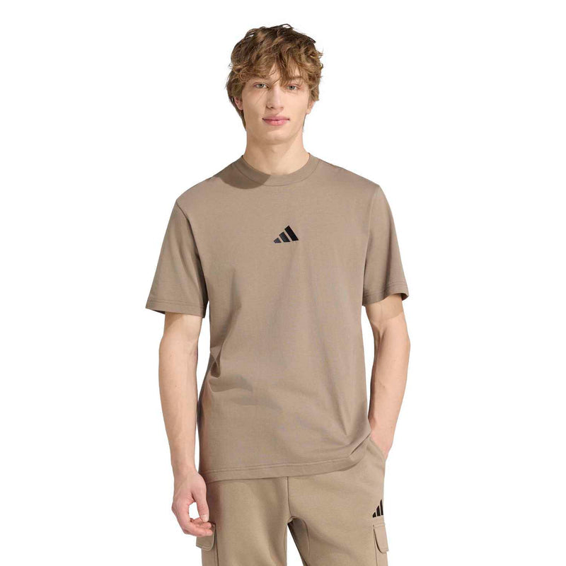 Khaki men's T-shirt with black adidas chest logo; crew neck and straight hem