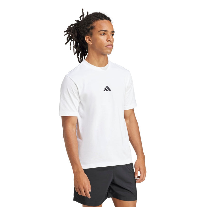 Men's white t-shirt with small black BOS logo on chest, short sleeves