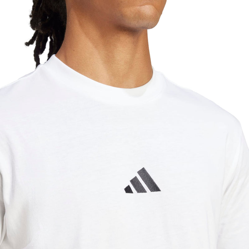 White t-shirt close-up with small black BOS logo at the chest
