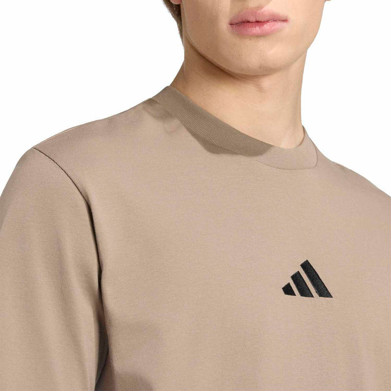 Khaki crew-neck T-shirt with small black adidas logo detail at chest