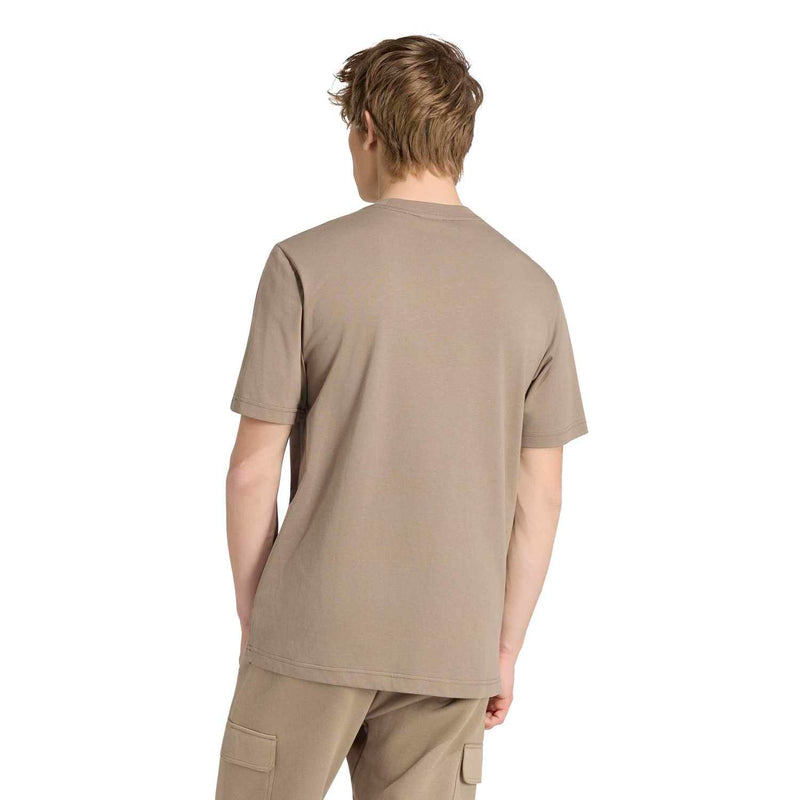 Khaki men's short-sleeve T-shirt, rear view with crew neck and straight hem