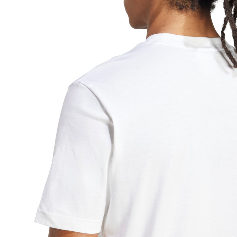 Men's white t-shirt close-up of back yoke and shoulder