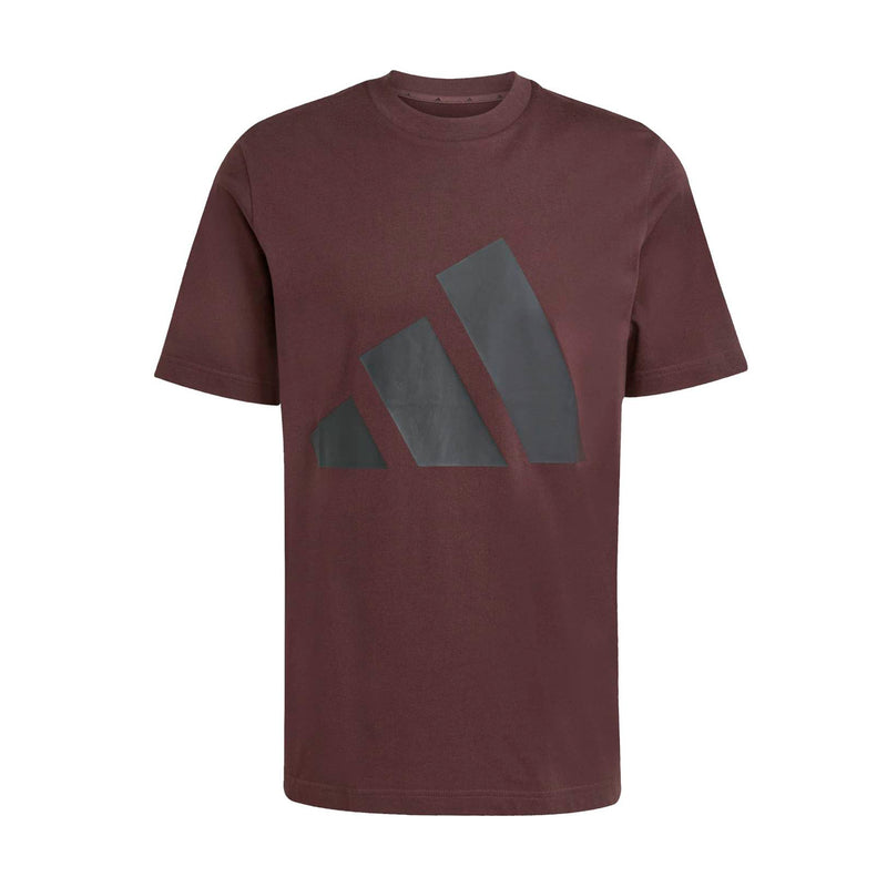 Men's brown crew-neck T-shirt with large blue-gray logo print