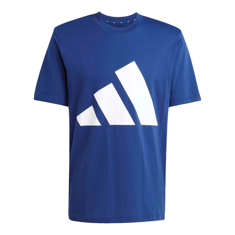 Men's navy T-shirt with large white logo print on the front