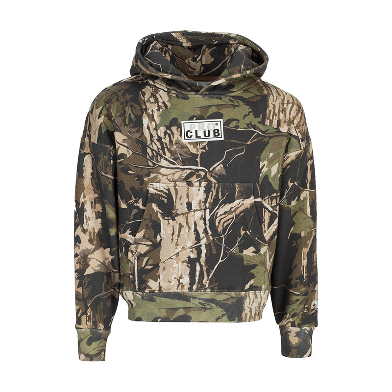 Youth camo pullover hoodie with hood, front pouch, and 'CLUB' box logo patch