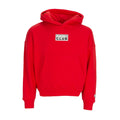 Youth red box logo hoodie with front pocket and small chest patch logo