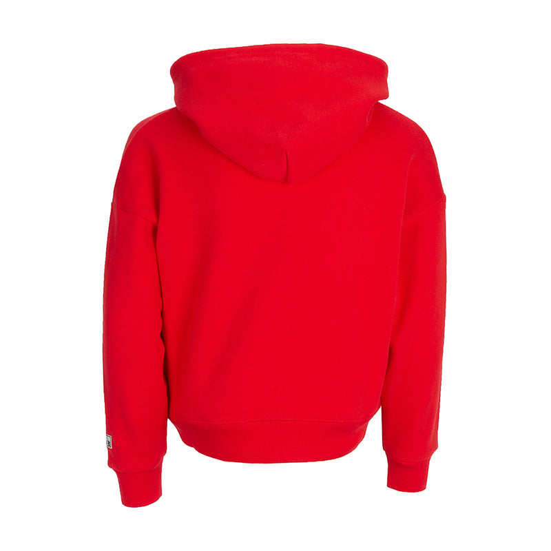 Youth red hoodie with hood and kangaroo pocket, back view
