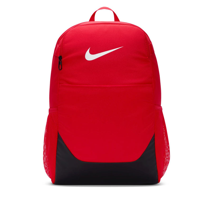 Red backpack with Nike swoosh on front and black bottom panel, top carry handle.