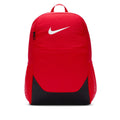 Red backpack with Nike swoosh on front and black bottom panel, top carry handle.