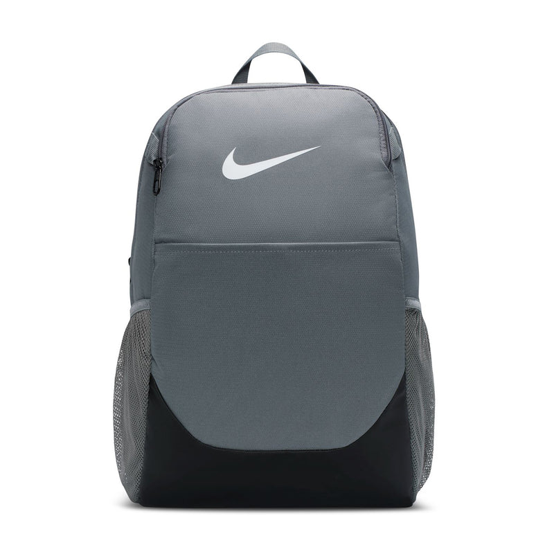 Nike Brasilia medium backpack in smoke grey with front zip pocket and swoosh logo