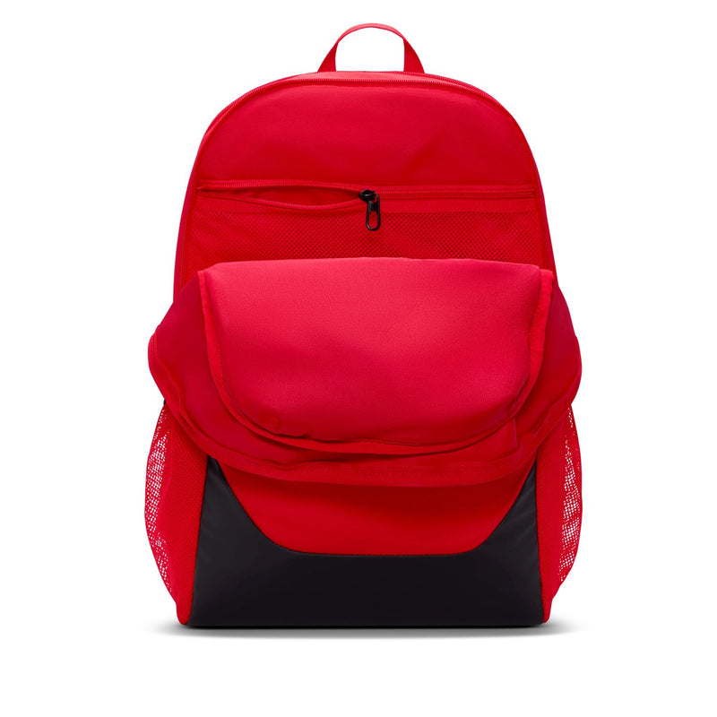 Red backpack with back view and black bottom panel, front zip compartment and handle.