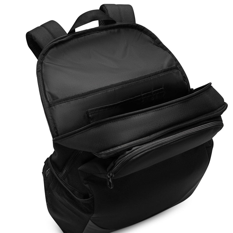 Black medium backpack with open top showing internal pocket and dual zip tracks