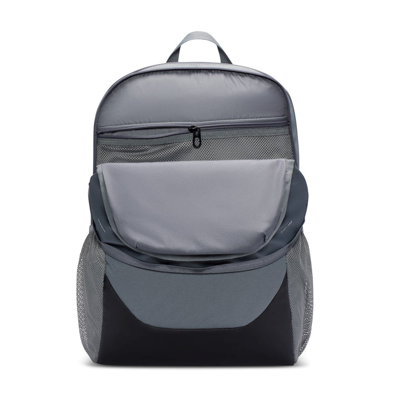 Nike Brasilia medium backpack front view with top zip compartment and lower front pocket