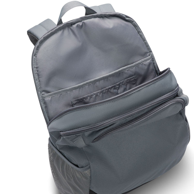 Nike Brasilia medium backpack angled view with front zippers and padded top handle