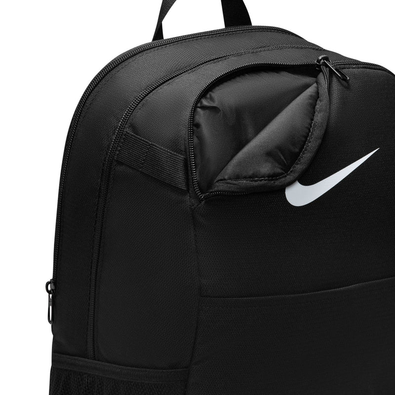 Black medium backpack side close-up with mesh panel and zip pocket