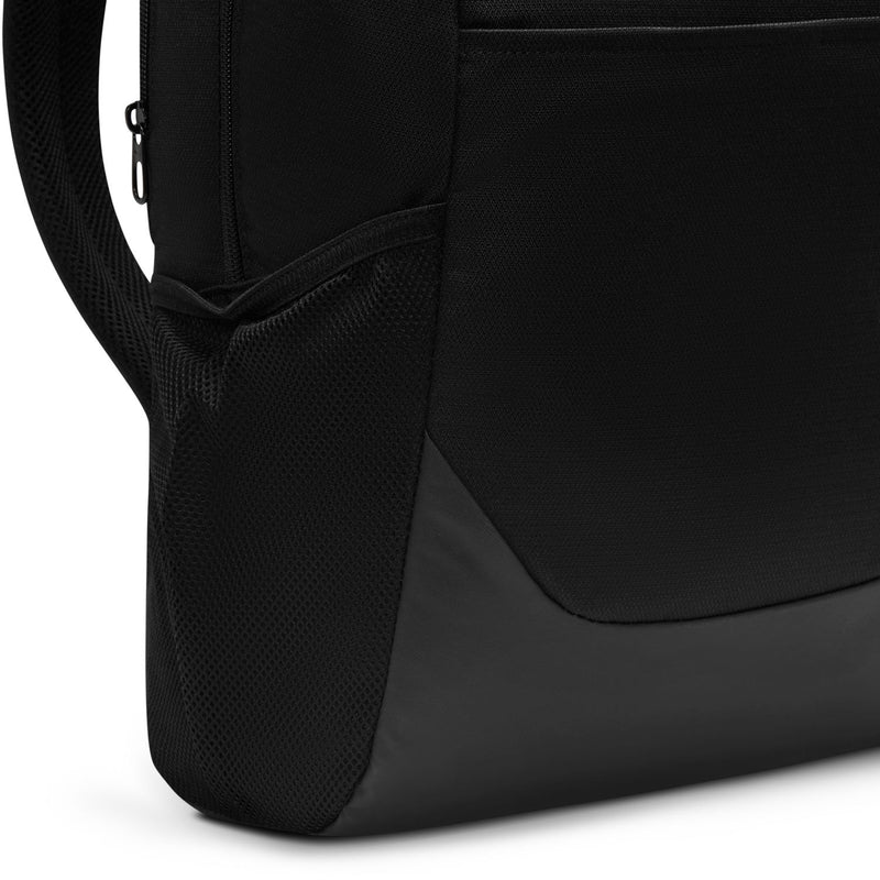Black medium backpack side panel with zip pocket and carrying handle loop