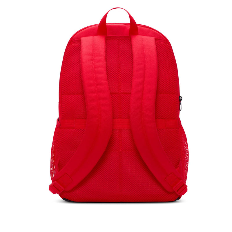 Red backpack back view with padded straps and mesh back panel, top handle included.