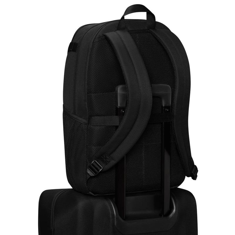 Black medium backpack back with top handle, padded straps, and side zip compartment