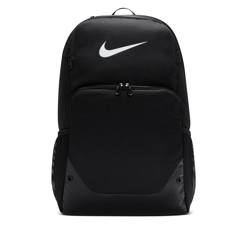 Nike Brasilia backpack in black with white logo, front main pocket and top carry handle.