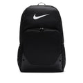 Nike Brasilia backpack in black with white logo, front main pocket and top carry handle.