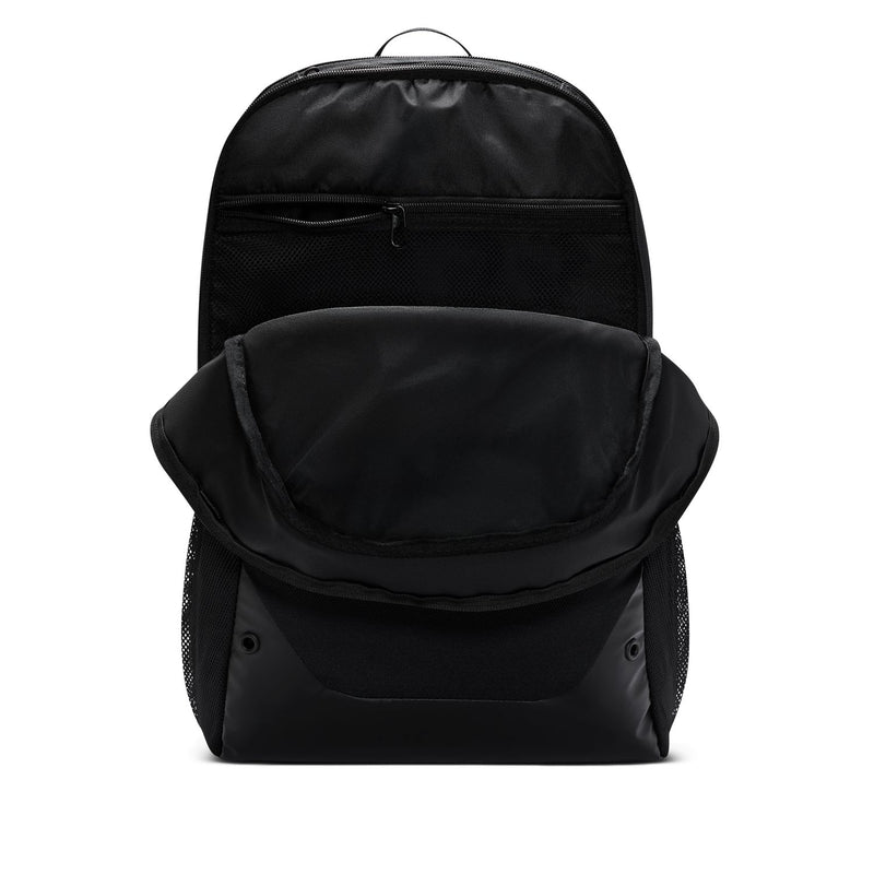 Nike Brasilia backpack, black exterior with front pocket and mesh side panels.