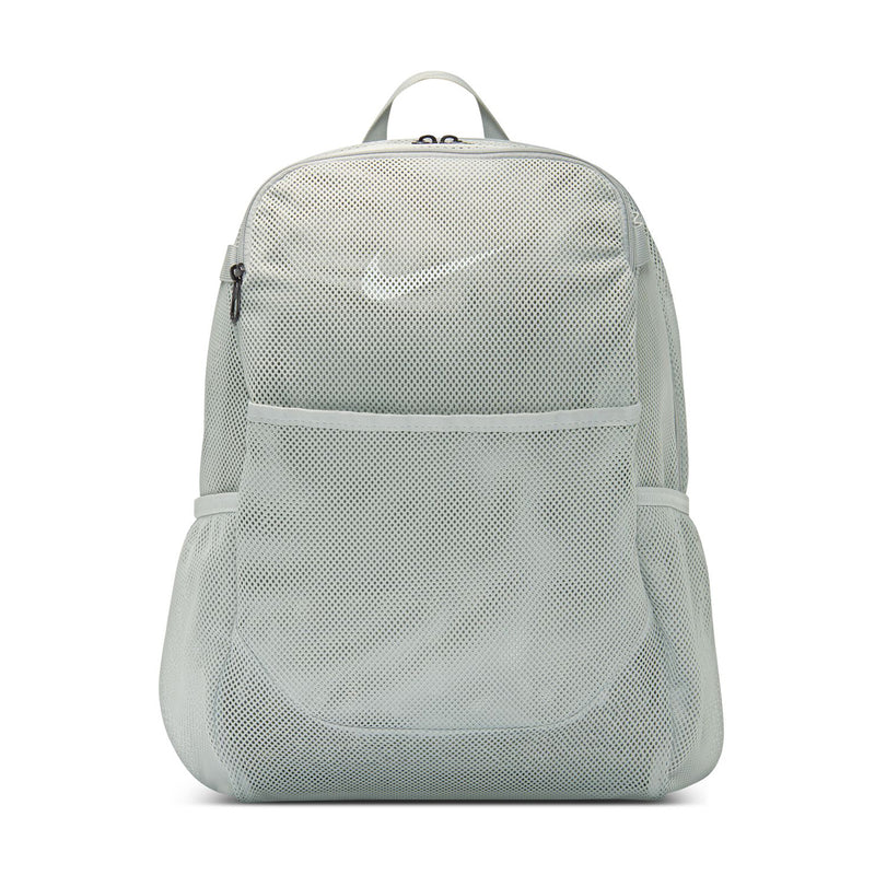 Light smoke grey mesh backpack with white trim, front pocket, and top handle.