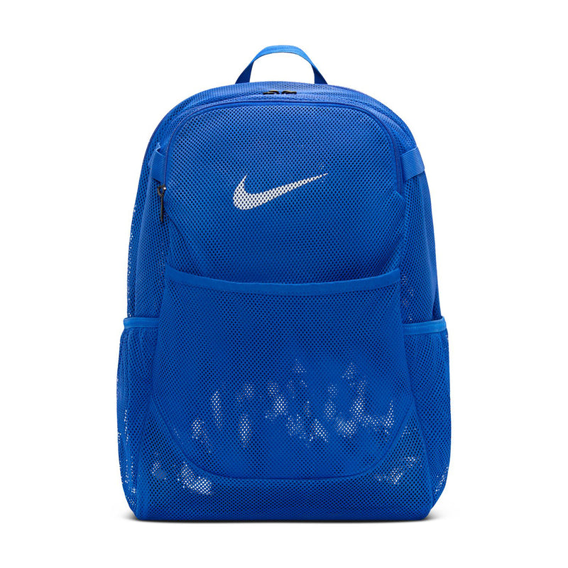 Blue mesh backpack with front pocket and white Nike swoosh logo