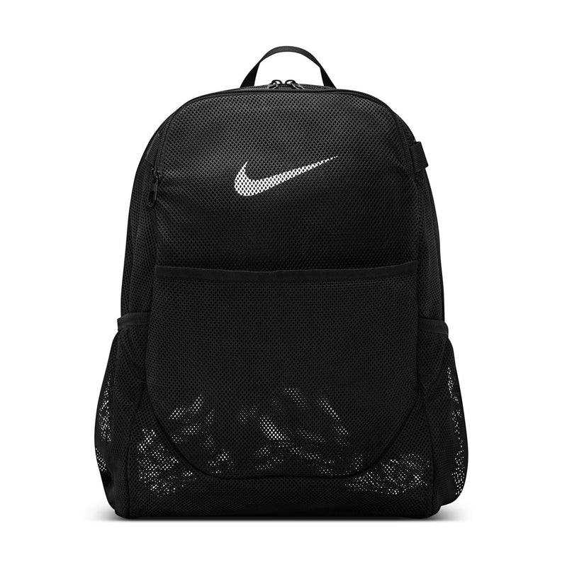 Black mesh backpack with front pocket and white swoosh logo