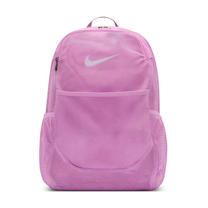 Light magenta mesh backpack with front zip pocket and top handle.